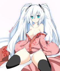 Rule 34 | 1girl, absurdres, bare shoulders, black heart (neptunia), blue eyes, blush, breasts, cleavage, closed mouth, collarbone, female focus, highres, japanese clothes, kimono, long hair, looking at viewer, medium breasts, neptune (series), no bra, noire (neptunia), open clothes, panties, parted lips, seiza, simple background, sitting, solo, spread legs, symbol-shaped pupils, twintails, underwear, very long hair, white hair