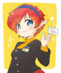 Rule 34 | 1girl, between fingers, blue eyes, blush, breasts, card, card between fingers, chisato madison, closed mouth, earrings, hairband, holding, holding card, id card, jewelry, looking at viewer, medium breasts, name tag, nekomura otako, pointy ears, reporter, short hair, smile, solo, sparkle, star ocean, star ocean the second story