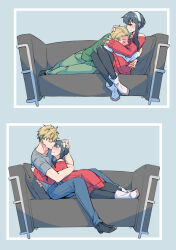 Rule 34 | 1boy, 1girl, black pants, commentary request, couch, dress, green pants, green vest, grey shirt, hairband, hetero, highres, hug, husband and wife, kamimiya, pants, red dress, shirt, sidelocks, sitting, sleeves past wrists, spy x family, sweater, sweater dress, t-shirt, twilight (spy x family), vest, white hairband, yor briar