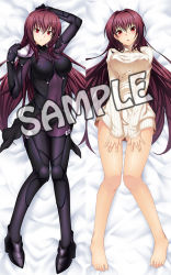 Rule 34 | 1girl, :o, armor, barefoot, blush, bodysuit, breasts, clothes tug, dakimakura (medium), emanon123, fate/grand order, fate (series), full body, large breasts, long hair, lying, multiple views, naked sweater, on back, purple bodysuit, purple hair, red eyes, ribbed sweater, sample watermark, scathach (fate), shoulder armor, smile, sweater, sweater tug, very long hair, watermark