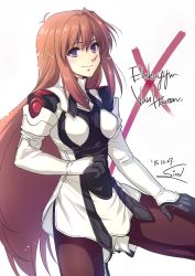 Rule 34 | 1girl, breasts, closed mouth, dated, elhaym van houten, gloves, long hair, looking at viewer, orange hair, pantyhose, purple eyes, simple background, sion (laterna magica), smile, solo, uniform, very long hair, white background, xenogears