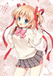 Rule 34 | 1girl, :d, ahoge, blue eyes, blush, bow, brown sweater, candy, collared shirt, commentary request, cowboy shot, food, grey skirt, hair between eyes, hair ornament, hair ribbon, hands up, holding, holding candy, holding food, holding lollipop, index finger raised, kamikita komari, light brown hair, little busters!, lollipop, long hair, long sleeves, looking at viewer, mauve, open mouth, pink bow, pleated skirt, red ribbon, ribbon, shirt, skirt, sleeves past wrists, smile, solo, star (symbol), star hair ornament, sweater, twitter username, two side up, white shirt
