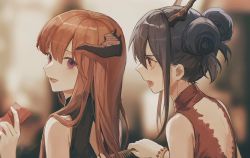 Rule 34 | 2girls, arknights, back cutout, bagpipe (arknights), black dress, blue hair, blurry, blurry background, bracelet, brown eyes, brushing another&#039;s hair, brushing hair, ch&#039;en (ageless afterglow) (arknights), ch&#039;en (arknights), clothing cutout, commentary request, double bun, dragon horns, dress, frown, hair bun, hand up, hands up, horns, jewelry, long hair, looking at another, multiple girls, official alternate costume, open mouth, purple eyes, qinglai haiji, red dress, red hair, sidelocks, sleeveless, sleeveless dress, smile, upper body