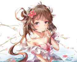Rule 34 | 1girl, absurdres, animal ears, antenna hair, arknights, blush, breasts, brown hair, eyjafjalla (arknights), eyjafjalla (summer flower) (arknights), flower, hair flower, hair ornament, highres, horns, hzs yumu, looking at viewer, medium breasts, navel, pink eyes, pink flower, sarong, sheep ears, sheep girl, sheep horns, sheep tail, smile, solo, tail, upper body, water, wet, white sarong