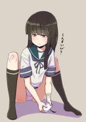 Rule 34 | 1girl, absurdres, bandaid, bandaid on face, bandaid on knee, bandaid on leg, black hair, black socks, blue sailor collar, blunt bangs, brown eyes, collared shirt, commentary request, controller, eien no murphy, full body, game controller, grey background, hatsuyuki (kancolle), highres, kantai collection, kneehighs, long hair, looking to the side, neckerchief, no pants, panties, sailor collar, school uniform, serafuku, shirt, simple background, socks, solo, squatting, translation request, underwear, white panties