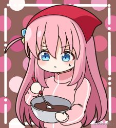 Rule 34 | 1girl, blue eyes, blush, bocchi the rock!, bowl, brown background, chibi, chocolate, closed mouth, commentary request, cube hair ornament, gotoh hitori, hair between eyes, hair ornament, head scarf, holding, holding bowl, jacket, long hair, long sleeves, looking away, looking down, mitya, mixing bowl, multicolored polka dots, one side up, pink hair, pink jacket, polka dot, polka dot background, puffy long sleeves, puffy sleeves, solo, spatula, sweat, track jacket, twitter username, upper body, very long hair