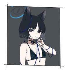 Rule 34 | 1girl, animal ears, bare arms, bare shoulders, bikini, black bikini, black eyes, black hair, blue archive, blue halo, breasts, cat ears, chan co, closed mouth, collarbone, halo, kikyou (blue archive), looking at viewer, short hair, small breasts, solo, swimsuit, upper body