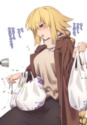 Rule 34 | 1girl, bag, black skirt, blonde hair, blush, braid, brown coat, coat, commentary, doorknob, fate/grand order, fate (series), grocery bag, hair between eyes, highres, holding, holding bag, holding key, jeanne d&#039;arc (fate), jeanne d&#039;arc (ruler) (fate), key, long braid, long hair, long skirt, mitsurugi sugar, open clothes, open coat, open mouth, plastic bag, purple eyes, shopping bag, simple background, single braid, skirt, solo, sweatdrop, sweater, translated, turtleneck, turtleneck sweater, twitter username, very long hair, white background, winter clothes, winter coat