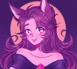 Rule 34 | 1girl, animal ears, artist name, bare shoulders, black dress, black sleeves, blush, brown hair, closed mouth, dreamysuite, dress, full moon, gem, imaizumi kagerou, jewelry, long hair, looking at viewer, moon, purple background, red eyes, retro artstyle, smile, solo, tongue, tongue out, touhou, white dress, white sleeves, wolf ears, yellow moon