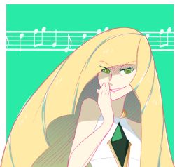 Rule 34 | 1girl, blonde hair, covering own mouth, creatures (company), diamond (shape), dress, evil grin, evil smile, game freak, gem, green background, grin, hand over own mouth, hand up, long hair, looking at viewer, lusamine (pokemon), musical note, nintendo, pokemon, pokemon sm, shaded face, sleeveless, sleeveless dress, smile, upper body, vergolophus, very long hair