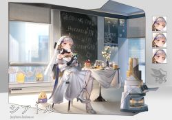 Rule 34 | 1girl, :3, ahoge, artist name, azur lane, black gloves, blue ribbon, box, breasts, bridal veil, bride, cannon, chair, character name, cityscape, cleavage, closed mouth, commentary, crossed legs, cup, dress, english commentary, english text, expressions, fish, flower, food, gift, gift box, gloves, high heels, highres, holding, holding cup, indoors, janyhero, large breasts, looking at viewer, manjuu (azur lane), mug, pancake, pantyhose, plate, ribbon, seattle (azur lane), silver footwear, silver hair, sitting, smile, solo, sunfish, table, vase, veil, wedding dress, white dress, white pantyhose, window, yellow eyes