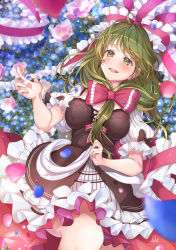 Rule 34 | 1girl, :d, absurdres, blue flower, blush, bow, breasts, brown dress, dress, eyebrows hidden by hair, feet out of frame, floral background, flower, flower request, forget-me-not (flower), frills, front ponytail, green eyes, green hair, hair bow, hand up, highres, huge filesize, kagiyama hina, long hair, looking at hand, lying, medium breasts, nemophila (flower), on back, open mouth, pink flower, puffy short sleeves, puffy sleeves, red bow, short sleeves, smile, solo, swept bangs, totomiya, touhou