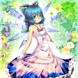 Rule 34 | 1girl, adapted costume, bare arms, bare shoulders, blue eyes, blue hair, blush, bow, cirno, collarbone, dress, flower, gloves, hair bow, hand on own chest, ice, ice wings, looking at viewer, matching hair/eyes, solo, strapless, strapless dress, touhou, umigarasu (kitsune1963), wavy mouth, white dress, white gloves, wings