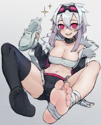 Rule 34 | 1girl, arm support, bandaged leg, bandages, barefoot, black shorts, blush, borrowed character, breasts, chest sarashi, choker, cleavage, commentary, crossed bangs, english commentary, feet, foot focus, foreshortening, full body, fur collar, goggles, goggles on head, gradient hair, grey background, grey hair, hair between eyes, hand up, highres, holding, holding shoes, jacket, k-rha&#039;s, knees up, large breasts, leaning back, legs, looking at viewer, medium hair, midriff, multicolored hair, navel, no shoes, open mouth, original, pink eyes, purple hair, sarashi, shiny skin, shoes, shorts, single thighhigh, skindentation, soles, solo, sweatdrop, teeth, thighhighs, thighs, toes, upper teeth only, white footwear