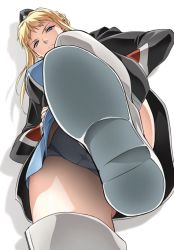 Rule 34 | 1girl, arms at sides, blonde hair, boots, braid, breasts, cameltoe, character request, disgust, feet, foot focus, foreshortening, from below, gloria louise, jacket, jinki, jinrouki winvurga, large breasts, long hair, looking at viewer, looking down, military, military jacket, military uniform, miniskirt, narrowed eyes, panties, sidelocks, simple background, skirt, solo, standing, standing on one leg, thigh boots, thighhighs, thighs, tsunashima shirou, underwear, uniform, upskirt, white background, white panties
