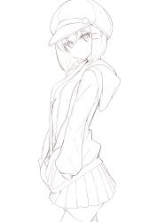 Rule 34 | 1girl, absurdres, ariaria (netsuki), bad id, bad pixiv id, breasts, cabbie hat, hair ornament, hairclip, hands in pockets, hat, highres, hood, hoodie, lineart, looking at viewer, miniskirt, miruto netsuki, monochrome, no bra, open clothes, open hoodie, original, pleated skirt, short hair, skirt, small breasts, solo, thighhighs, transparent background, unfinished, zettai ryouiki
