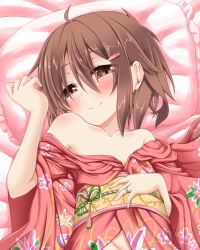 Rule 34 | 10s, 1girl, blush, brown eyes, brown hair, hair ornament, hairclip, ikazuchi (kancolle), japanese clothes, jewelry, kantai collection, kimono, looking at viewer, lying, off shoulder, on back, pillow, ring, smile, solo, tsunsuki (naobe009), wedding band