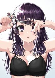 Rule 34 | 1girl, absurdres, alternate hairstyle, armpits, arms up, bare shoulders, black bra, blush, bra, breasts, check commentary, cleavage, collarbone, commentary, commentary request, cutting hair, cutting own hair, diagonal bangs, highres, holding, holding own hair, holding scissors, idolmaster, idolmaster shiny colors, lace, lace-trimmed bra, lace trim, lingerie, long hair, looking up, nail polish, open mouth, purple eyes, purple hair, purple nails, scissors, solo, tanaka mamimi, underwear, will77im