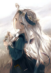 Rule 34 | 1girl, bug, butterfly, butterfly on head, closed mouth, feathered wings, flower, frilled sleeves, frills, garuku, green eyes, grey hair, hair between eyes, hair flower, hair ornament, highres, holding, horns, insect, long hair, long sleeves, looking at viewer, original, pointy ears, scar, scar across eye, tail, twitter username, wings
