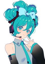 Rule 34 | 1girl, aqua eyes, aqua hair, aqua necktie, bare shoulders, blue bow, blue bowtie, blush, bow, bowtie, breasts, cinnamiku, closed mouth, collarbone, collared shirt, detached sleeves, hair between eyes, hand up, hatsune miku, headset, highres, long hair, looking at viewer, microphone, necktie, non porn, shirt, simple background, sleeveless, sleeveless shirt, small breasts, smile, solo, tenobe, updo, v over eye, vocaloid, white background