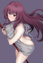 Rule 34 | 1girl, alternate costume, ass, backless dress, backless outfit, bare arms, bare back, bare shoulders, blush, breast hold, breasts, butt crack, closed mouth, cowboy shot, dress, embarrassed, fate/grand order, fate (series), floating hair, from side, gae bolg (fate), halterneck, highres, holding, holding weapon, leaning forward, long hair, looking at viewer, looking to the side, medium breasts, meme attire, nose blush, purple hair, red eyes, scathach (fate), solo, sweat, sweater, sweater dress, virgin killer sweater, weapon, yoshiki360