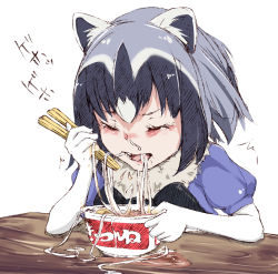 Rule 34 | 10s, ^^^, animal ears, black bow, black bowtie, black hair, blouse, blue shirt, bow, bowtie, choking on object, chopsticks, closed eyes, common raccoon (kemono friends), cup ramen, eating, food, fur collar, gloves, grey hair, highres, instant udon, kemono friends, maruchan (company), maruchan akai kitsune udon, messy, multicolored hair, noodles, product placement, raccoon ears, rizzl, shirt, short sleeves, simple background, solo, table, udon, upper body, white background, white gloves, you&#039;re doing it wrong