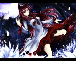 Rule 34 | 1girl, animal ears, brooch, brown hair, fingernails, flower, forest, full moon, grey eyes, imaizumi kagerou, jewelry, kz nagomiya, letterboxed, long fingernails, long hair, long sleeves, looking at viewer, moon, nail polish, nature, night, petals, purple hair, red nails, shirt, skirt, sky, solo, tail, touhou, very long hair, wide sleeves, wolf ears, wolf tail