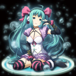 Rule 34 | 1girl, ahoge, bow, bridal gauntlets, frills, garter straps, green hair, hair bow, hatsune miku, headphones, long hair, musical note, open mouth, sitting, solo, striped clothes, striped thighhighs, thighhighs, twintails, very long hair, vocaloid, wariza, yuzuki kei