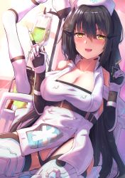 Rule 34 | 1girl, black gloves, black hair, breasts, dandelion (girls&#039; frontline), elbow gloves, girls&#039; frontline, gloves, hat, highres, holding, holding syringe, intravenous drip, iv stand, large breasts, long hair, multicolored clothes, multicolored gloves, nurse, nurse cap, sitting, solo, syringe, thighhighs, very long hair, white gloves, xlscaler, yellow eyes