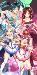 Rule 34 | 4girls, absurdres, adapted costume, alternate costume, alternate hairstyle, anchor, asakaze (kancolle), blue background, blue bow, blue choker, blue eyes, blue skirt, blush, boots, bow, brown hair, choker, cosplay, crop top, cure blossom, cure blossom (cosplay), cure marine, cure marine (cosplay), cure sunshine, dated, dress, drill hair, floral background, forehead, full body, gift, gradient background, green skirt, hair bow, hair ornament, harukaze (kancolle), hat, heartcatch precure!, high heel boots, high heels, high ponytail, highres, kamikaze (kancolle), kantai collection, kneehighs, light brown hair, long hair, magical girl, matsukaze (kancolle), mini hat, moke ro, multiple girls, oil-paper umbrella, open mouth, outstretched arm, pink background, pink choker, pink dress, precure, purple bow, purple eyes, purple footwear, purple hair, red bow, red dress, red eyes, shiny tambourine (heartcatch precure!), short sleeves, skirt, smile, socks, thigh boots, thighhighs, tilted headwear, twin drills, twintails, twitter username, two-tone dress, umbrella, very long hair, white dress, white legwear