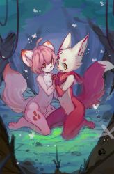 Rule 34 | 2girls, ahoge, animal ear fluff, animal ears, blush, body fur, brown eyes, brown fur, commentary, costom10, forest, fox, fox ears, fox tail, full body, furry, furry female, furry with furry, hair between eyes, highres, holding hands, kneeling, looking at viewer, multiple girls, nature, navel, open mouth, original, outdoors, red fur, snout, tail, two-tone fur, white fur, yellow eyes