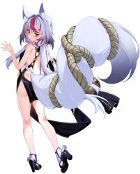 1girl animal_ear_fluff animal_ears bare_shoulders bell black_dress black_footwear blush breasts dress fox_ears fox_girl fox_tail grey_hair high_heels highres long_hair multicolored_hair ninsaki_(9saki) o-ring o-ring_dress original pelvic_curtain red_eyes red_hair rope simple_background sleeveless sleeveless_dress small_breasts solo streaked_hair tail tongue white_background