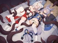Rule 34 | 2girls, animal ear fluff, animal ears, black sleeves, blue dress, breasts, closed eyes, commentary, commission, detached sleeves, dress, english commentary, fox ears, fox girl, grey hair, highres, large breasts, long hair, lying, multiple girls, nipples, no shoes, on back, on bed, open mouth, original, panties, pillow, red dress, sleep molestation, tentacle sex, tentacles, thighhighs, trimbil, underwear, vaginal, variant set, white panties, white sleeves, white thighhighs