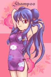 Rule 34 | 1girl, armpits, biifun, china dress, chinese clothes, dress, female focus, light smile, looking at viewer, name, purple hair, red eyes, shampoo (ranma 1/2), solo, standing, text focus, twintails