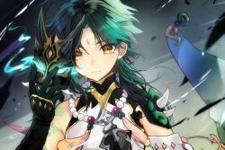 Rule 34 | 1boy, arm tattoo, bead necklace, beads, black hair, closed mouth, detached sleeves, facial mark, forehead mark, genshin impact, gloves, glowing, green hair, hair between eyes, highres, holding, holding mask, hoshiyui tsukino, jewelry, looking at viewer, male focus, mask, multicolored hair, necklace, single detached sleeve, solo, spikes, tassel, tattoo, upper body, xiao (genshin impact), yellow eyes
