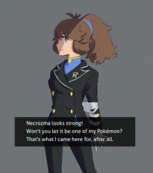 Rule 34 | 1girl, alternate costume, arm behind back, black jacket, black pants, blue shirt, bright pupils, brown eyes, brown hair, buttons, closed mouth, commentary, creatures (company), dark persona, dialogue box, english commentary, english text, game freak, gloves, go-lurk, green (pokemon), grey background, jacket, logo, long hair, long sleeves, nintendo, pants, pokemon, pokemon lgpe, ponytail, shirt, smile, solo, team rainbow rocket, white gloves, white pupils