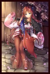 Rule 34 | 1girl, alternate costume, black border, black cape, blue eyes, blush, border, braid, cape, cherry blossom print, cherry blossoms, chinese clothes, collarbone, commentary request, fii fii (feefeeowo), floral print, hair ornament, hair rings, hanfu, head tilt, highres, hong meiling, light blush, light smile, long hair, long skirt, looking at viewer, parted bangs, petals, red hair, shirt, side braid, skirt, solo, touhou, very long hair, white shirt