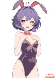 1girl absurdres ahoge animal_ears black_eyes black_leotard bow bowtie breasts contrapposto cowboy_shot detached_collar embarrassed hands_on_own_chest highres hiiragi_utena leotard mahou_shoujo_ni_akogarete open_mouth playboy_bunny rabbit_ears red_bow red_bowtie short_hair simple_background small_breasts solo standing strapless strapless_leotard twitter_username white_background xueli_shimazaki yellow_eyes