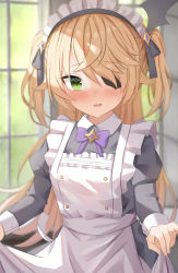 Rule 34 | 1girl, alternate costume, apron, bad perspective, blonde hair, blurry, blurry background, blush, breasts, collared dress, commentary request, depth of field, dress, eyepatch, fischl (genshin impact), foreshortening, frills, genshin impact, green eyes, grey dress, hair ornament, highres, indoors, juliet sleeves, long hair, long sleeves, looking at viewer, maid, maid apron, maid headdress, nose blush, open mouth, puffy sleeves, purple neckwear, raru0310, ribbon, skirt hold, solo, sweat, two side up, white apron