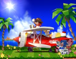Rule 34 | 1girl, 3boys, aircraft, airplane, amy rose, blue sky, brown headwear, commentary, cowboy hat, english commentary, fang, flower, furry, furry female, furry male, gloves, goggles, goggles on head, green shirt, hairband, hat, highres, kitchupsandwich, knuckles the echidna, multiple boys, open mouth, orange skirt, palm tree, red footwear, red hairband, shirt, skirt, sky, sonic (series), sonic the hedgehog, sonic the hedgehog (classic), sun, tails (sonic), tornado (airplane) (sonic), tree, tropical drink, umbrella, white gloves, yellow flower