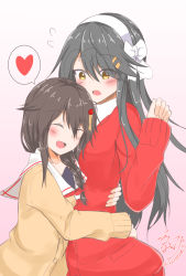Rule 34 | 2girls, absurdres, ahoge, alternate costume, black hair, blush, braid, brown eyes, brown hair, cardigan, commentary request, closed eyes, hair flaps, hair ornament, hair over shoulder, hairband, hairclip, haruna (kancolle), heart, heart ahoge, highres, hug, kantai collection, long hair, long sleeves, multiple girls, namikawa kuroha, open mouth, red neckwear, red sweater, remodel (kantai collection), sailor collar, shigure (kancolle), signature, simple background, single braid, speech bubble, sweater, twitter username, white background, white hairband, yuri