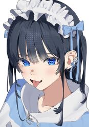 Rule 34 | 1girl, :p, black hair, blue bow, blue eyes, blunt bangs, bow, butterfly earrings, chain, chain earrings, cropped torso, earrings, fang, frilled headwear, highres, jacket, jewelry, looking at viewer, maid headdress, mashiro kta, original, short twintails, sidelocks, tongue, tongue out, twintails, white background, zipper