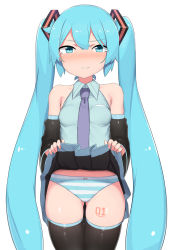 Rule 34 | 1girl, abmayo, aqua eyes, aqua hair, bare shoulders, black skirt, black thighhighs, blue eyes, blue hair, blush, breasts, closed mouth, clothes lift, collared shirt, commentary request, cowboy shot, detached sleeves, gluteal fold, hair ornament, hatsune miku, lifting own clothes, long hair, long sleeves, looking at viewer, necktie, number tattoo, open mouth, panties, pleated skirt, shirt, simple background, skindentation, skirt, skirt lift, sleeveless, sleeveless shirt, small breasts, smile, solo, striped clothes, striped panties, tattoo, tearing up, thigh gap, thighhighs, twintails, underwear, very long hair, vocaloid, white background, wide sleeves
