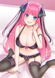Rule 34 | 1girl, absurdres, bare arms, bare shoulders, bed, belly, black bra, black panties, black thighhighs, blue eyes, blunt bangs, blush, bra, breasts, cleavage, collarbone, frilled thighhighs, frills, garter belt, garter straps, go-toubun no hanayome, hair ornament, hair ribbon, head tilt, highres, kurosaki coco, large breasts, long hair, looking at viewer, multicolored nails, nail polish, nakano nino, navel, panties, pink hair, ribbon, sitting, smile, thighhighs, underwear, white background