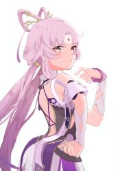Rule 34 | 1girl, absurdres, ass, backless outfit, blush, closed mouth, detached sleeves, forehead jewel, fu xuan (honkai: star rail), hair ornament, hand on own hip, highres, honkai: star rail, honkai (series), long hair, looking back, low twintails, pink eyes, pink hair, pointing, pointing at self, simple background, solo, takano (rizetakano), tassel, twintails, very long hair, white background