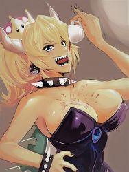 Rule 34 | 1girl, :d, bare shoulders, black dress, black nails, blonde hair, blue eyes, blush, bowsette, bracelet, breasts, cleavage, coffee, collar, covered erect nipples, crown, cup, dress, earrings, failure, fingernails, hand on own hip, hand up, holding, horns, jewelry, large breasts, mario (series), nail polish, nintendo, open mouth, pinky out, ponytail, sharp teeth, smile, solo, spiked bracelet, spikes, super crown, tea, teeth, tongue, tongue out, trembling, uenoryoma, upper body