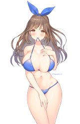 Rule 34 | 1girl, bikini, blue bikini, blush, bow, breasts, brown eyes, brown hair, cleavage, collarbone, hair bow, hand on own chest, highres, huge breasts, idolmaster, idolmaster shiny colors, long hair, looking at viewer, melo (meromero), mouth hold, navel, simple background, solo, standing, swimsuit, tsukioka kogane, twitter username, white background