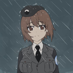 Rule 34 | 1girl, alternate costume, beret, black hat, black jacket, black necktie, brown eyes, brown hair, closed mouth, cloud, cloudy sky, commentary, dress shirt, emblem, frown, girls und panzer, grey sky, hat, highres, jacket, japanese tankery league (emblem), kimi tsuru, long sleeves, looking at viewer, military, military hat, military uniform, necktie, nishizumi maho, one-hour drawing challenge, outdoors, overcast, rain, selection university (emblem), selection university military uniform, shirt, short hair, sky, solo, uniform, upper body, white shirt