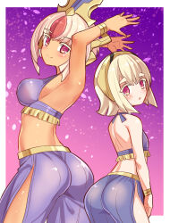 Rule 34 | 2girls, arabian clothes, ass, azure striker gunvolt, azure striker gunvolt 3, bare shoulders, blonde hair, blush, breasts, brown hair, cougar (cougar1404), dark skin, flat chest, from behind, hairband, headgear, large breasts, layla (gunvolt), looking at viewer, looking back, luxia (gunvolt), medium hair, multiple girls, open mouth, pants, red eyes, sideboob, smile