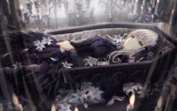 Rule 34 | 1girl, black dress, blue eyes, blurry, blurry background, candle, candlestand, coffin, commentary request, depth of field, dress, flower, grey hair, highres, lily (flower), lolita fashion, long hair, long sleeves, lying, missile228, on back, original, own hands together, parted lips, petals, solo, white flower